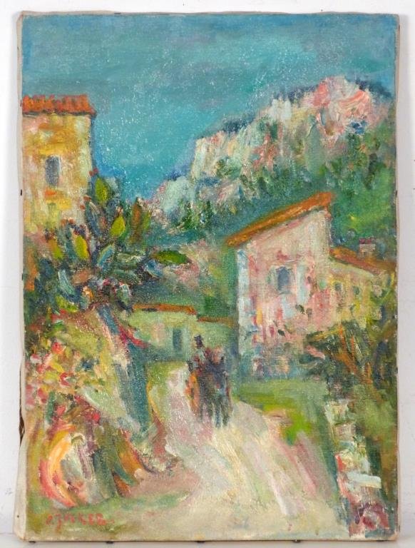 Jacques Zucker (Polish/American, 1900 - 1981): Oil on Canvas. Street scene, SLL, 18" H X 13" W. Including book.