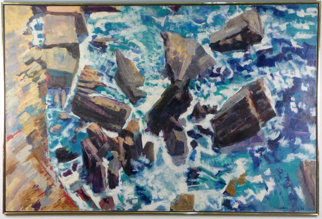 Jean-Jacques Morvan (French, 1928-2005) - Painting: Large coastal scene, oil on canvas, signed and dated '61 lower right, 53" H X 78" W.