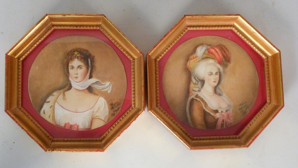 2 Watercolor Portraits in Octagonal Frames: Both of women, both signed Marion Shyatt and dated 1931. 9" squared (top flat to bottom flat)