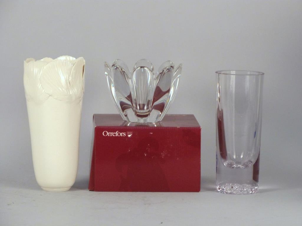 3 Decorative Glass & Porcelain Articles: Including porcelain vase with applied petal mouth (chips, signed), Orrefors bowl (signature inscribed), and unmarked vase.