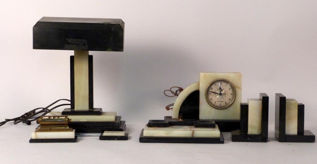Art Deco Marble & Onyx Desk Set: 7 pieces, comprising lamp, book ends, Hamilton Sangamo clock, etc, some chips.