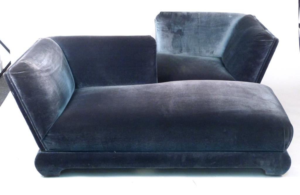 Pair of Art Deco Style Chaise Lounges: Rounded pillow top seat. Left and Right facing (bookend style). Asian style inward turned legs. Fully upholstered in teal velveteen. 68" D X 34 1/2" W X 29" H.