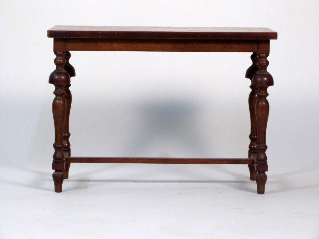Jacobean Style Small Coffee Table: On turned legs, with H stretcher. 26" W X 14" D X 19" H. As is.