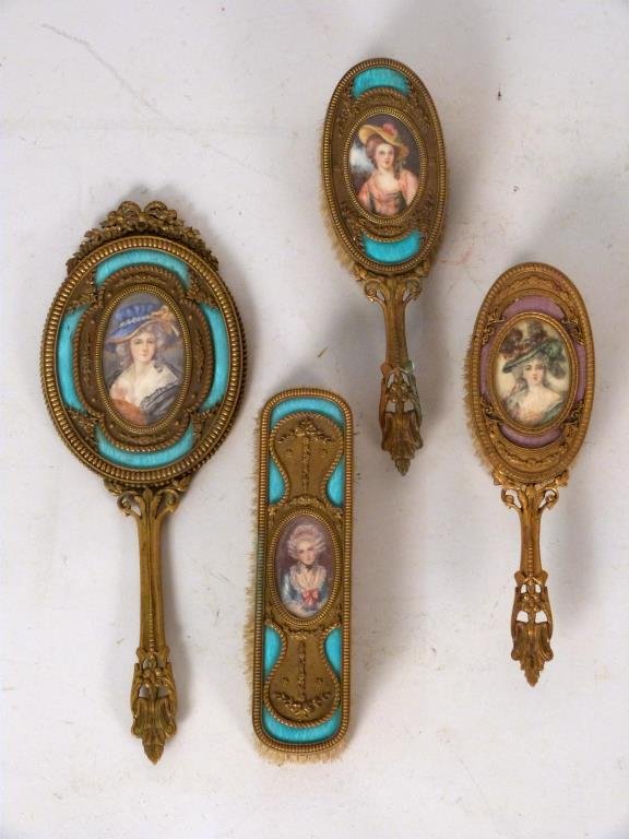 4 Piece Gilt Metal Mounted Dresser Set: Each with a hand painted portrait of a lady, some with enamel. Mirror: 12" L.
