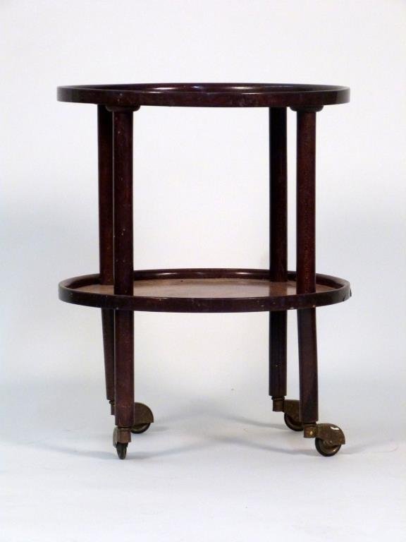 2 Tier Serving Cart: Both tiers with wood gallery, on casters. 19" D X 24" H. As is.