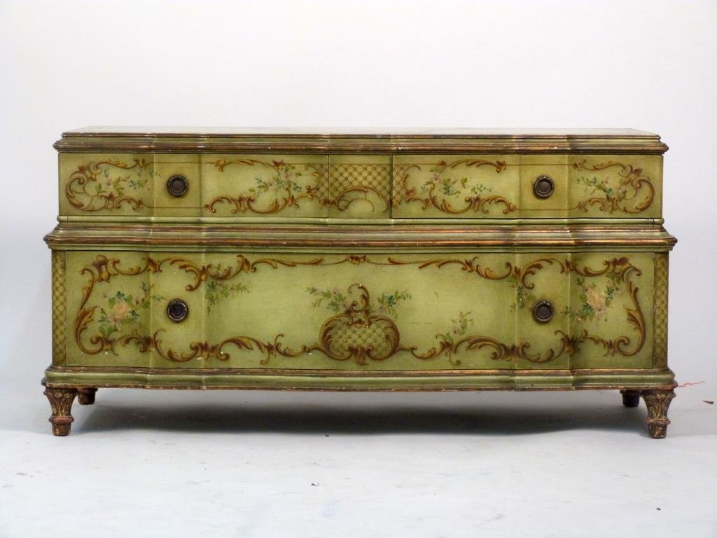 Painted 3 Drawer Low Chest: Green ground with floral spray. 51 1/2" X 21 1/2" X 25" H.