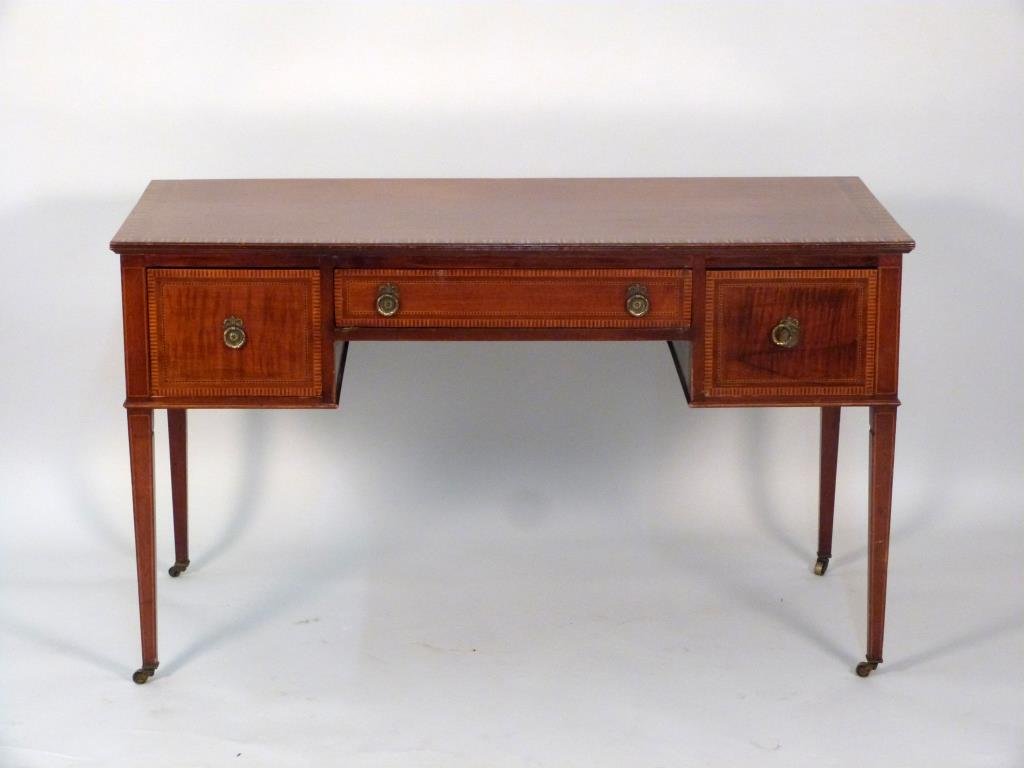 Hepplewhite Style Vanity/Desk: Line and herringbone inlay,tapered legs ending in casters. 51" W X 22 1/4 D X 30" H. A few small losses.