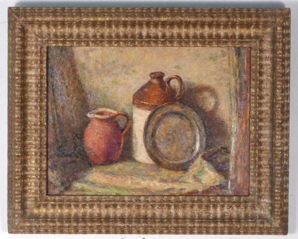 Attr. to Henry Samuel Merritt - Oil on Board: Still life with vessels. Labels from Graymoor Antiques and Doic, Wilson. 11" H X 15" W (17 1/2" H X 21 1/4" W) (Property of a Lady)