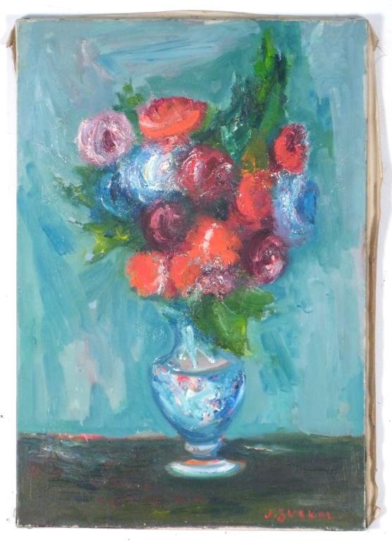 Jacques Zucker (Polish, 1900 - 1981) - Painting: Floral still life, oil on canvas, signed lower right. 21 3/4" H X 15" W.