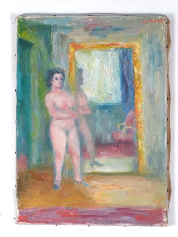 Jacques Zucker (Polish, 1900 - 1981) - Painting: Female nude standing before, mirror, oil on canvas, signed upper right. 18" H X 13" W. With artist monograph. With Book.