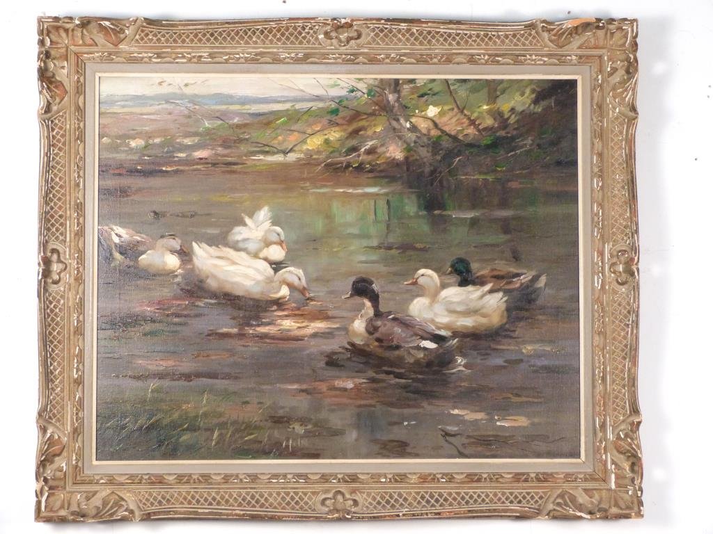 Signed P. Gerard - Oil on Canvas: Ducks near shore. 23 3/4" H X 29 1/2" W (30 1/2" 36 1/2"). David Bendann Fine Art Rooms label on verso. (From a 220 East 65 Street Apartment)