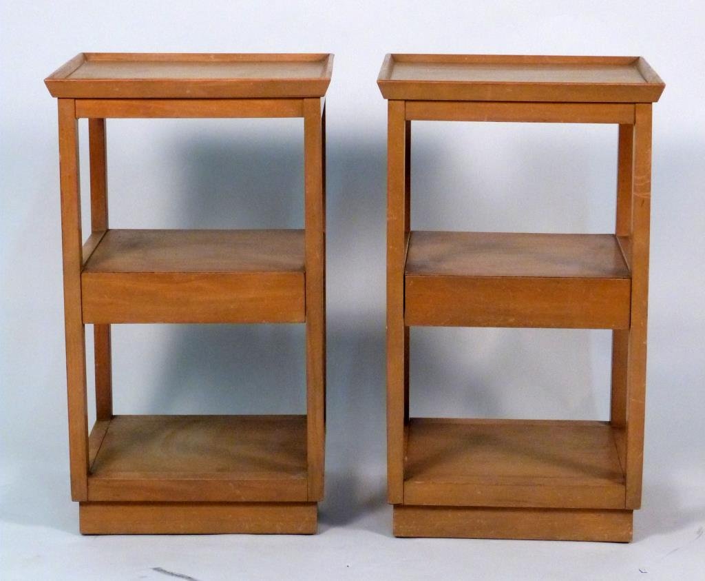 Pair of Square Drexel Side Tables: Three tiers, gallery top, middle tier with drawer. 16 3/4 " square X 28 1/4" H. Finish needs care.