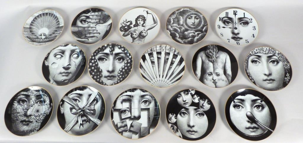15 Fornasetti for Rosenthal Plates: Temi e variazioni, Motiv numbers 14, 15, 17, 18, 20, 21, 25, 26, 28, 30, 31, 32, 33, 34, 35. 9 1/4" D. In excellent condition.