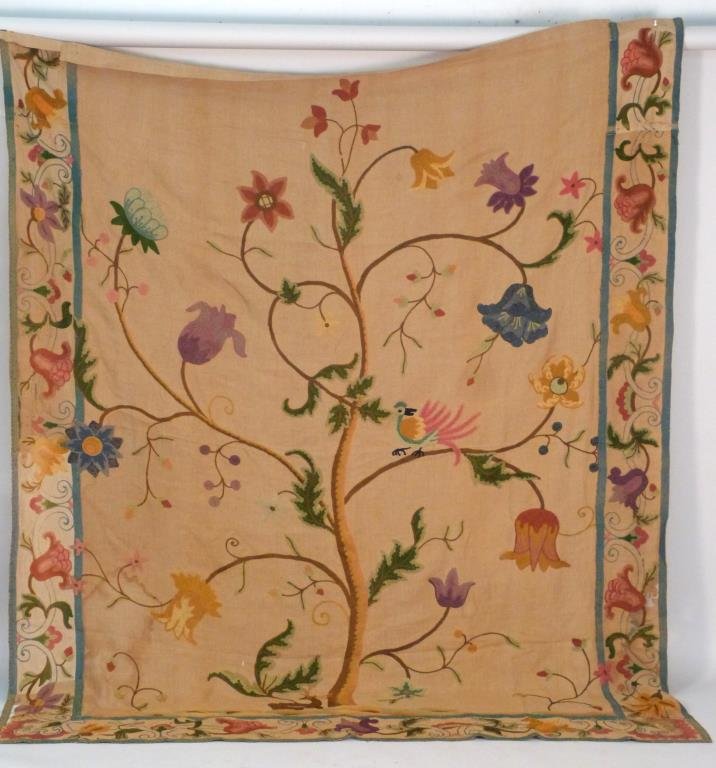 3 Crewel Work Drapery Panels (As Is): Depicting trees and wildlife, 2 with borders. Not exactly matching. 77" W X 93" H; 73" W X 85"; and 75" W X 96" H.