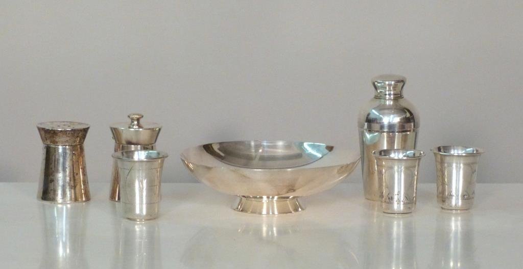Assorted Silver and Silver Plated Articles: Tiffany sterling salt and pepper, 2 Russian silver shot glasses etc., Tallest: 4" H. (799 Park Avenue Property)