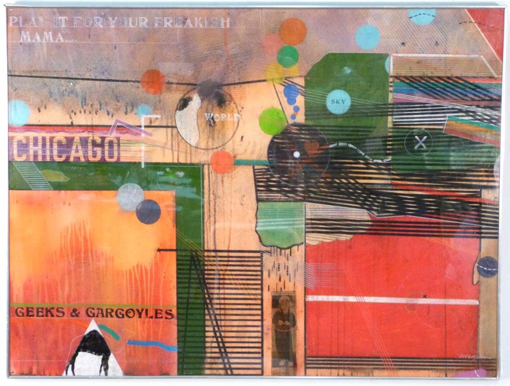 Signed Illegibly - Mixed Media/Collage: Geeks and Gargoyles (for Nelson Algren), signed lower right. 30 1/2" X 40" W. Oblisk Gallery label on verso. (From a Brooklyn residence)