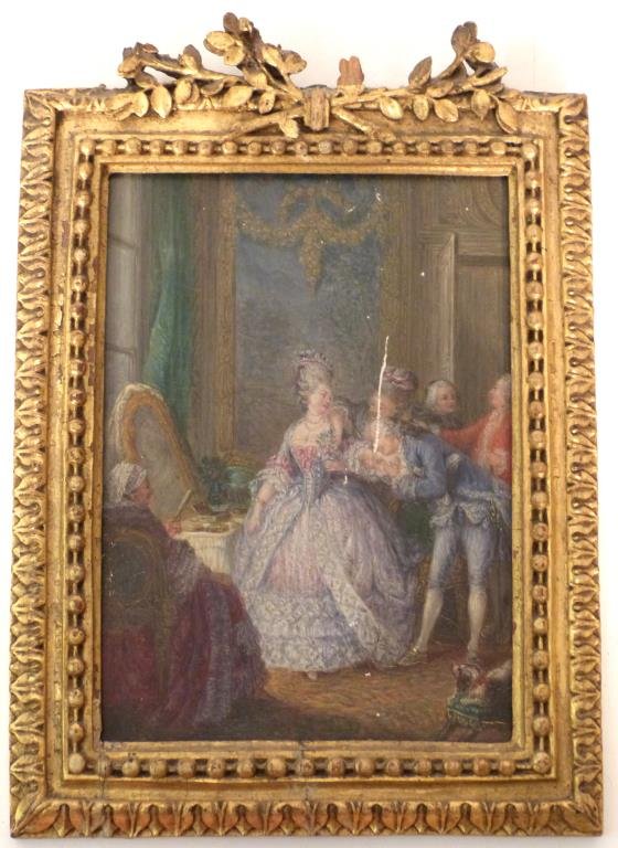 Unsigned - Oil on Board: Continental parlor scene, in carved gilt wood frame. 5 3/4" H X 4" W ( 8 1/4" H X 5 3/4" W) Loss to frame, abrasion to paint.
