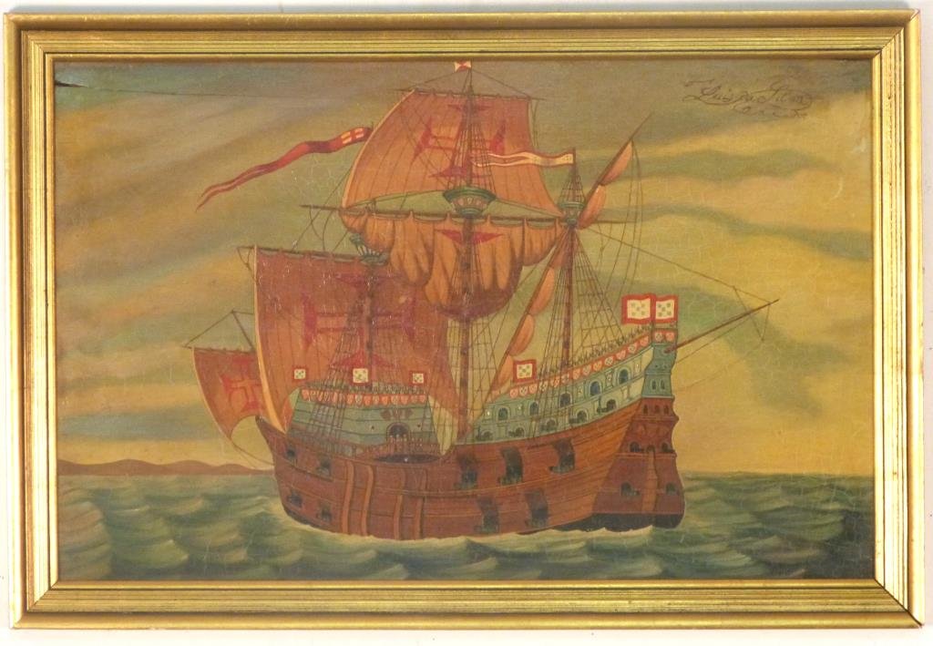Luis da Liloa - Oil on Panel: Marine painting of Portugese man o' war, caravel under sail, signed and dated 1708 upper right, 14 3/4 " H X 23" W (17 1/2" X 26"), crack to panel upper left corner.