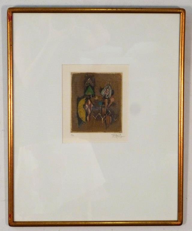 Johnny Friedlaender (French/German, 1922-1992): Abstract on brown ground,aquatint, signed lower right, artist proof. 5 1/2" H X 5" W ( 21" X 16 1/2" W). Multiple Impressions label on verso.