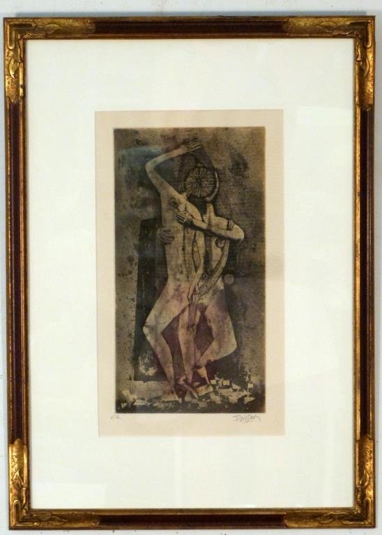 Johnny Friedlaender (French/German, 1922-1992): Embracing figures, aquatint, signed lower right, artist proof. 14" H X 7" W (25" H X 18" W). Multiple Impressions label on verso.
