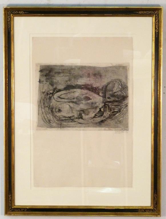 Johnny Friedlaender (French/German, 1922-1992): Etching, woman reclining, signed lower right. 11" H X 15 1/2" W (36" H X 27" W). Multiple Impressions label on verso.