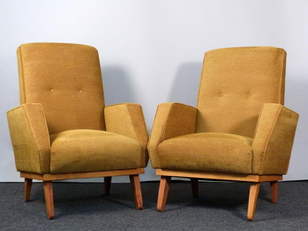 Pair Art Deco Style Club Chairs: Button tufted beige upholstery, architectural shapes on angled wood legs. 30" W X 33" D X 41" H.
