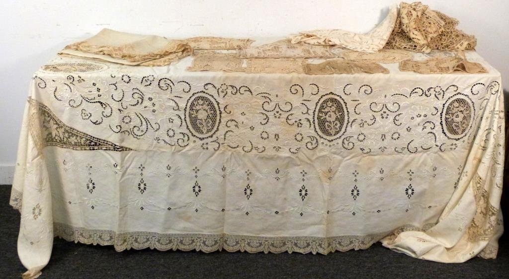 Assorted Antique Lace: Table covers, figurative pane. Largest figurative panel: 15" W X 13 1/2" L. Net table cover in pieces; some pieces stained.