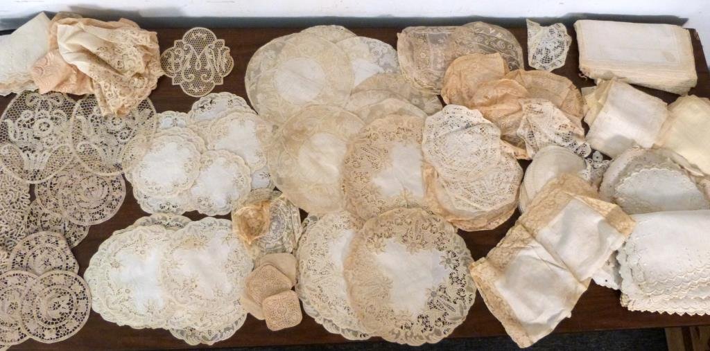 Assorted Antique Lace: Doilies, handkerchiefs, etc. Largest doilie: 11 1/2" D. Some staining.