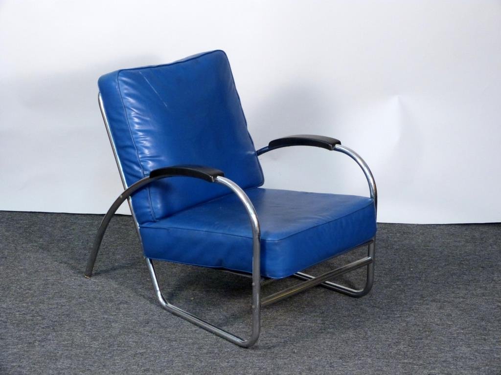 Art Deco Chrome and Vinyl Lounge Chair: RoyalMetal Corporation,phenolic arm rests, blue vinyl cushions. 25 1/2" W X 35 1/2" D X 32" H. (From a Prince Street Apartment)
