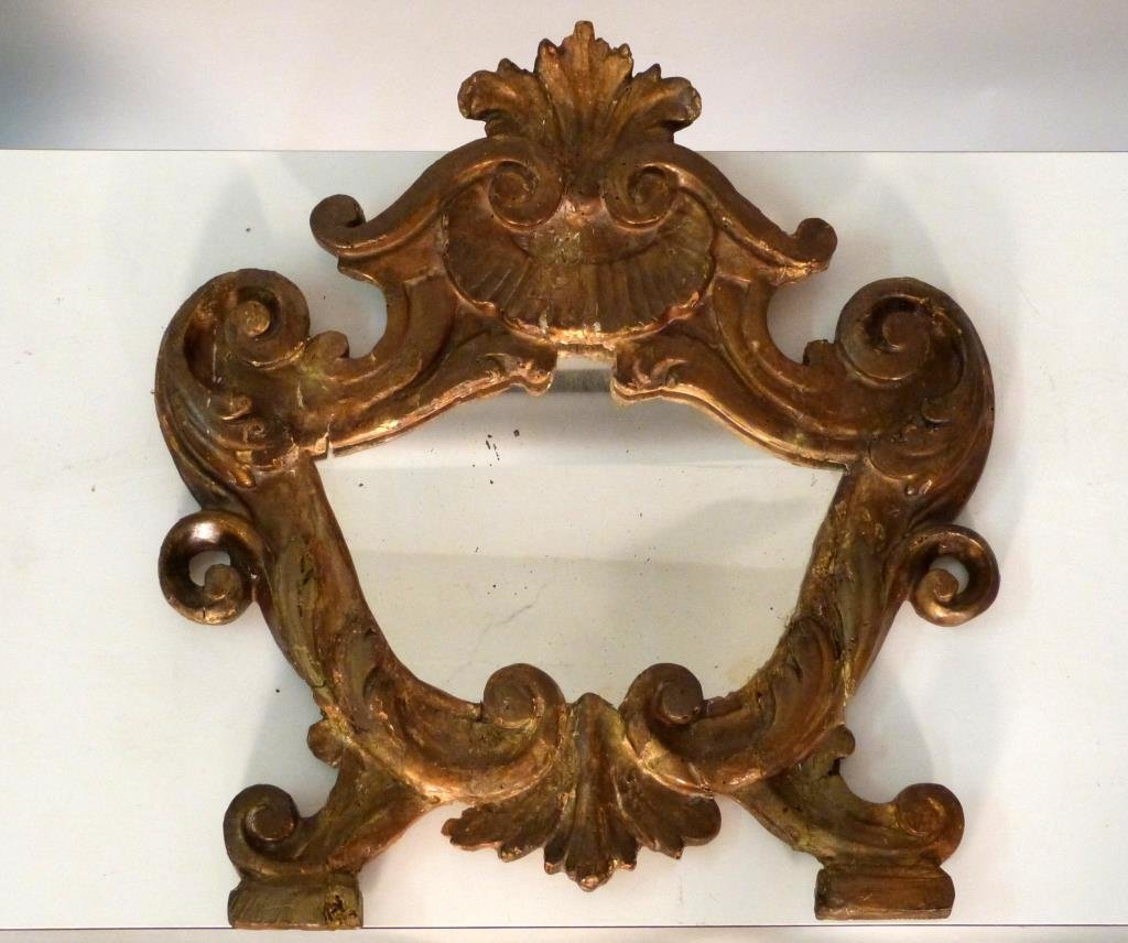 Antique Table Mirror: Carved wood frame with shell and scroll motifs.16" W X 17" H. Restoration. (799 Park Avenue Property)