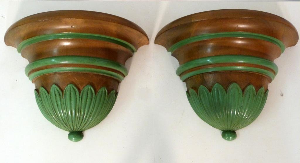 Pair of Carved Wood Brackets: Green blossom base. 13" W X 6 1/2" D X 10" H. (799 Park Avenue Property)