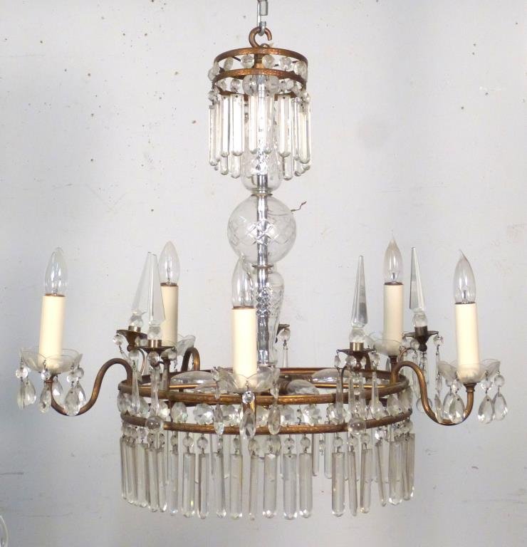 Empire Style 5 Light Chandelier: 5 lights, brass frame, crystal buttons and spear prisms and drops. 25 1/2" D X 25 1/2" H.
