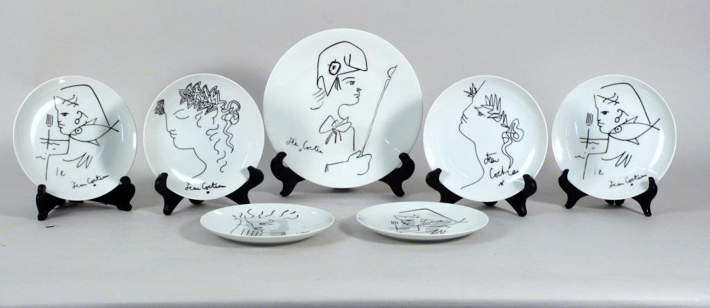7 Jean Cocteau for Limoge Plates: With figurative drawings. 6 plates: 7 1/2" D, 1 plate: 10" D (number 122/1000). (From a Park Avenue Apartment)