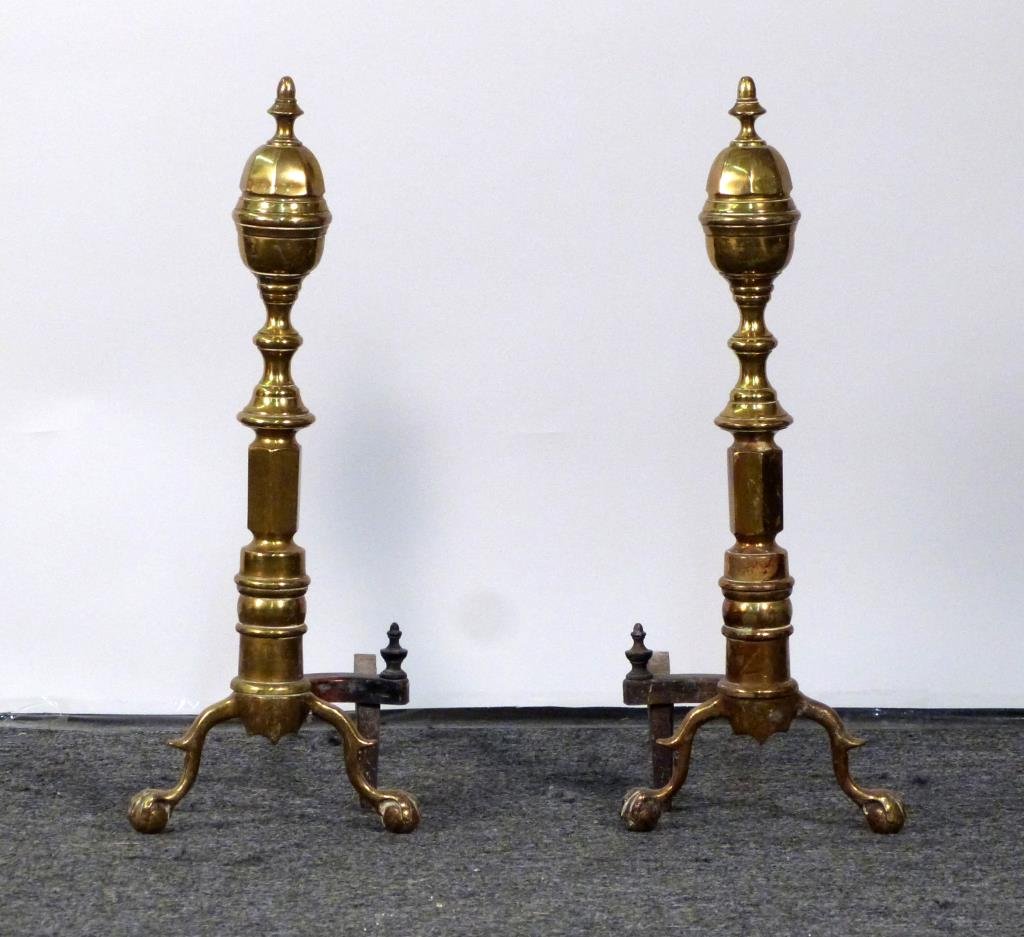 Pair of English Style Brass Andirons: Ball and claw feet. 23 1/2" H.