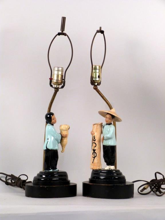 2 1950's Kitsch Table Lamps: Porcelain figures of Japanese peasant women, on ebonized wood bases (some chipping to bases). 22 1/2".