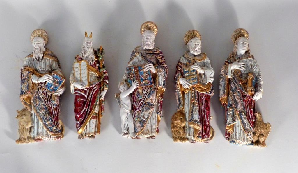 5 Polychrome Terracotta Religious Figures: Moses and Christian saints, each signed Prof. Pattarino on back, mounted for hanging. Largest: 14" H X 6" W. Some with repairs. (377 Rector Place Estate)