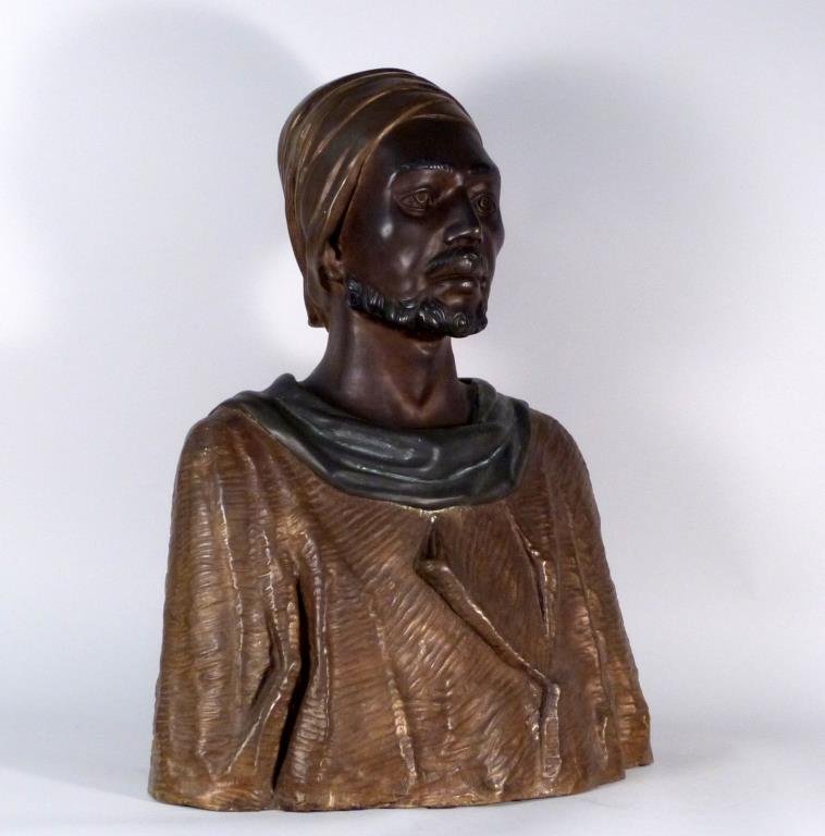 Large Bronze Bust of an Arabian: Bearded, wearing a turban and loose fitting robes. 30" H X 27" W. (377 Rector Place Estate)