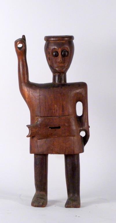 Carved Hardwood Folk Art Figure: Standing, with sliding panel at belly. 22" H. (377 Rector Place Estate)