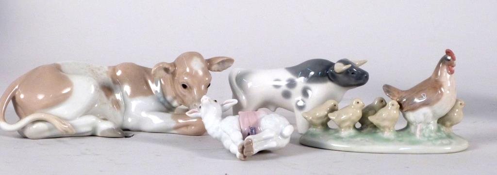 4 Lladro Porcelain Groups of Farm Animals: Cow, bull, sheep, and hen with chicks. Tallest: 3" H. (377 Rector Place Estate)