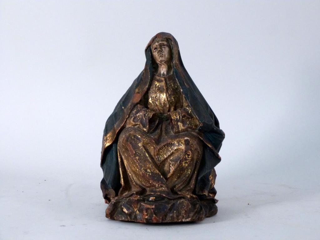 Antique Carved Painted and Gilt Wood Madonna: Seated, in gold robe with blue shawl.10" H. Losses to paint and loss to 1 eye. (377 Rector Place Estate)