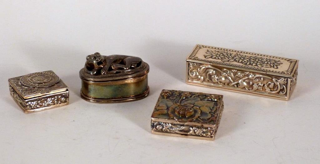 4 Sterling Silver Pill Boxes: Interesting one is the Lioness mounted as the tongue moves. 5 troy oz. (377 Rector Place Estate)
