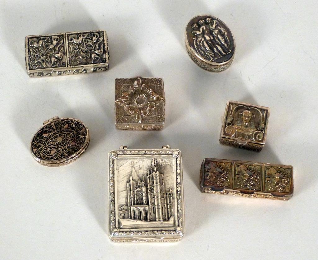7 Assorted Sterling Silver Pill Boxes: 6 troy oz. (377 Rector Place Estate)