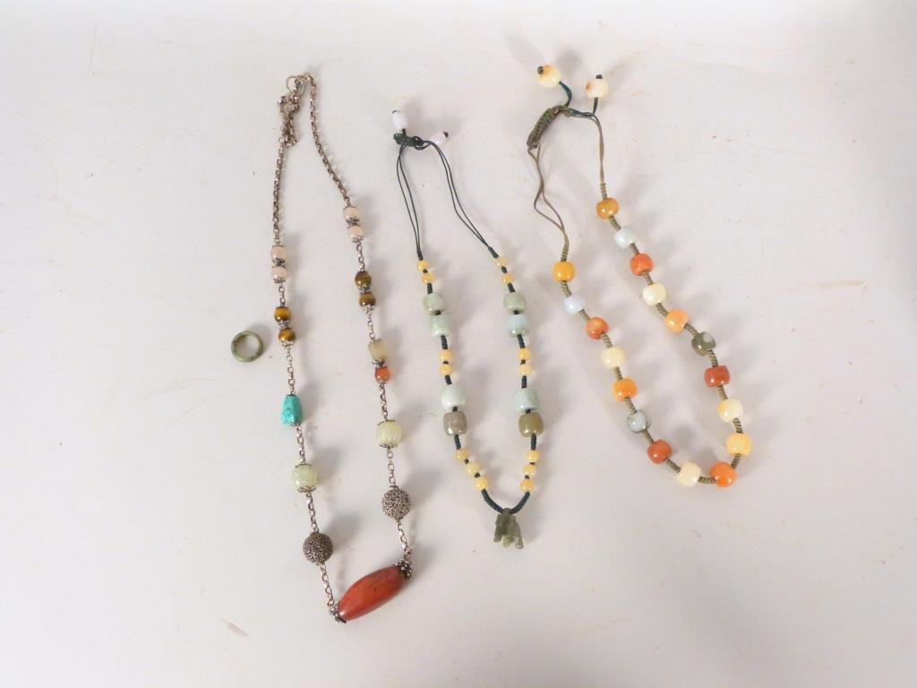 Assorted Hardstone Jewelry: 3 necklaces, 1 ring; jade, carnelian, agate, etc. Longest: 36" L.
