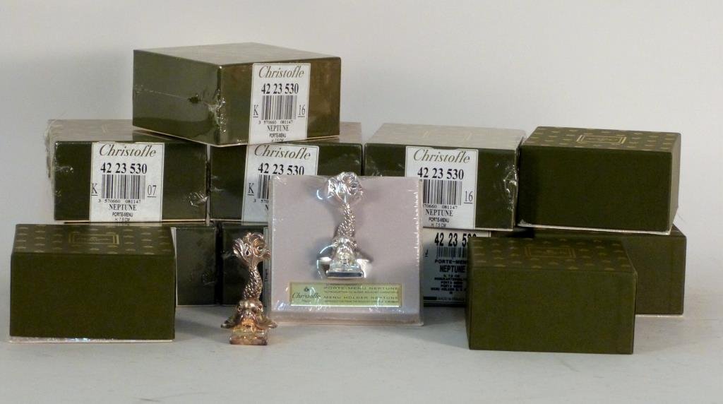12 Christofle Silver Plated Place/Menu Holders: "Neptune," 11 sealed in plastic. 3" H. (From an East Side Townhouse)