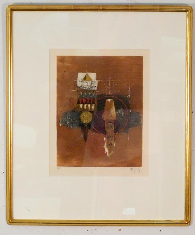 Johnny Friedlaender (French/German, 1922-1992): Abstract on brown ground, aquatint,signed lower right, artist proof. 12 1/2" H X 9 1/2" W (25" H X 21") Multiple Impressions label on verso.