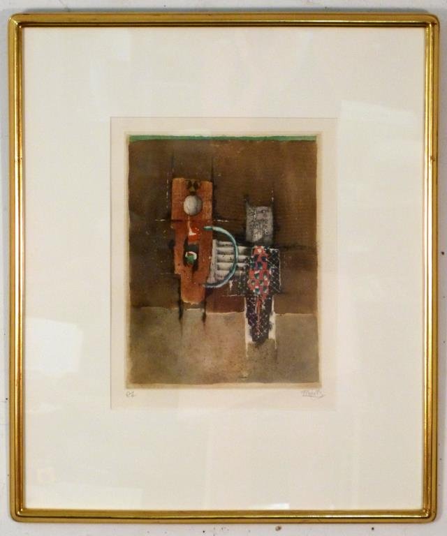 Johnny Friedlaender (French/German, 1922-1992): Abstract on brown ground, aquatint, signed lower right, artist proof. 12 1/2" H X 9 1/2" W (25" H X 21" W) Multiple Impressions label on verso.