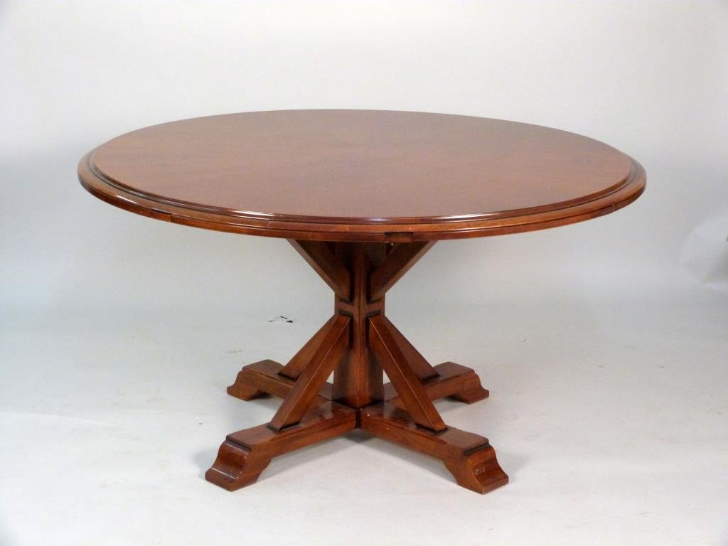 Arts and Crafts Style Round Dining Table: 4 outer quarter moon leaves. Labeled bottom Reference de Meuble. 52" D (without leaves; 75 1/2" D with leaves) X 30" H.