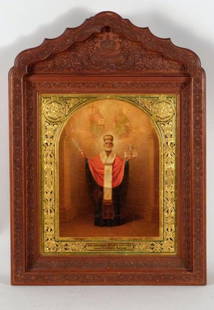 Imperial Style Russian Icon: Painting of St Nicholas holding sword and church, on wood, in carved wood frame, provenance on verso states, "From the Winter Palace in St. Petersburg. Exhibited in the Ikon Exhibition August 2-31, Ca