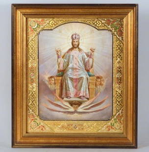 Modern Religious Icon: Jesus on throne, painted and gilt wood, in frame. 11 1/2" H X 10" W (15" X 13"). (377 Rector Place Estate)