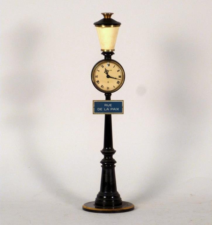 Jaeger LeCoultre Rue de la Paix Clock: Street lamp form. 11 1/2" H. Crack to plastic.